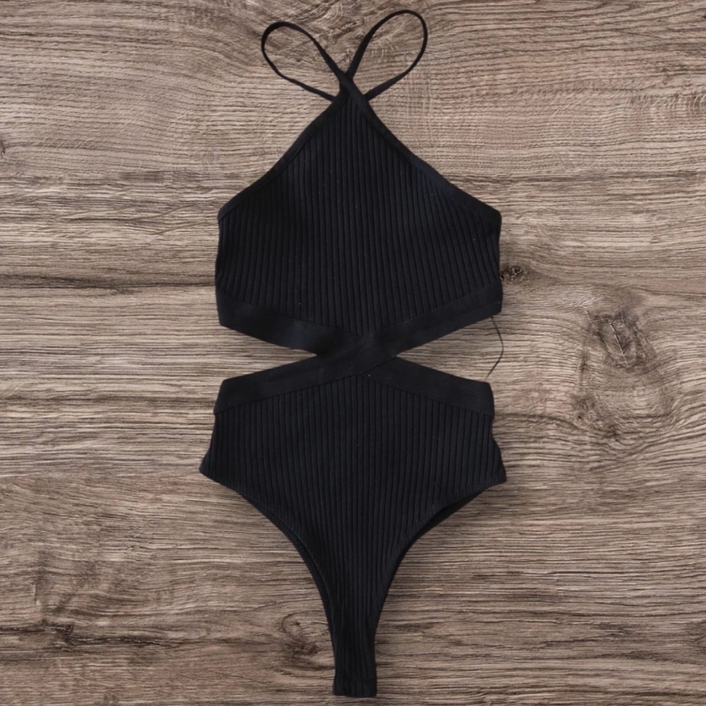 ZARA Black Halter Cutout Bodysuit, Size Small